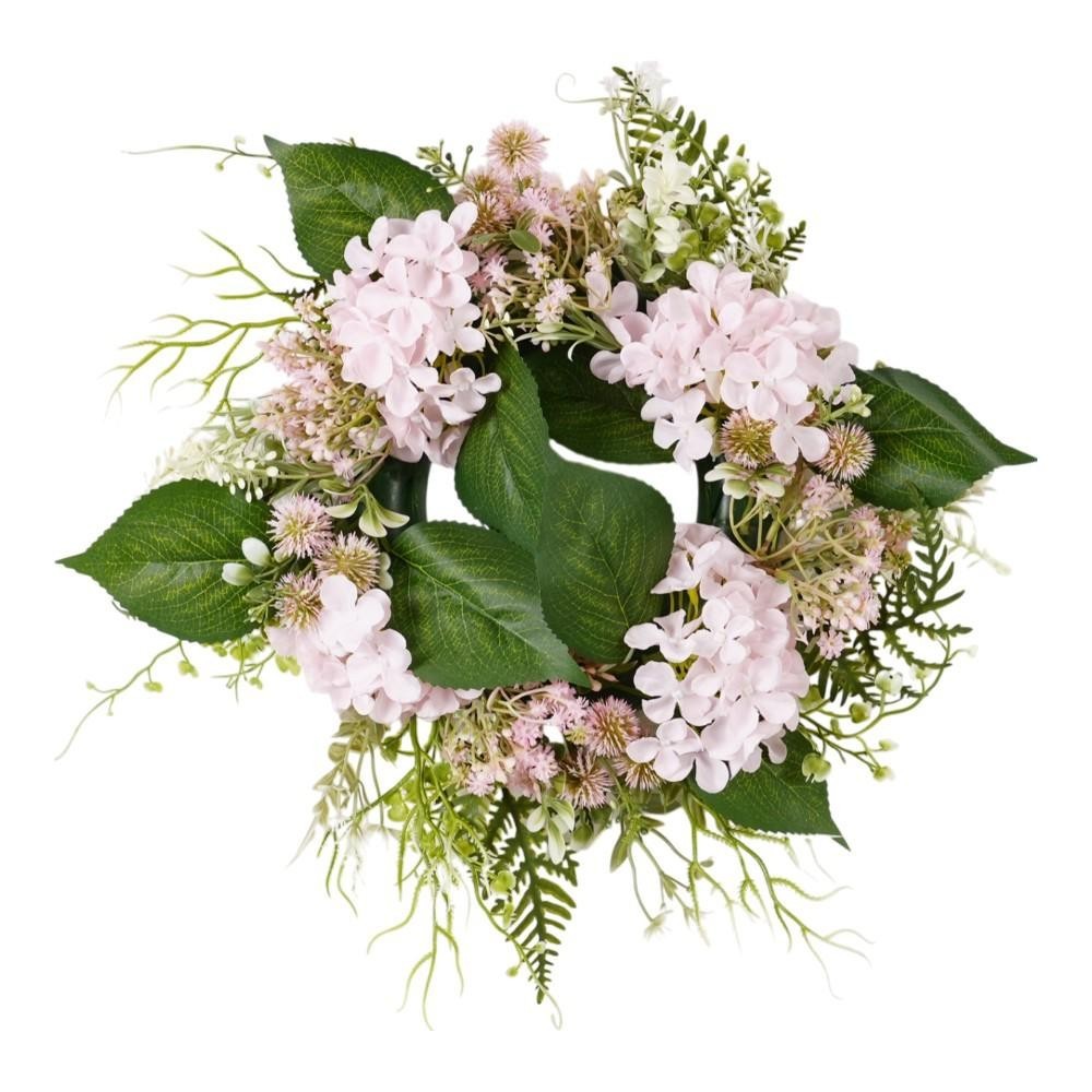 CORONA FIORITA CON ORTENSIE CM.35 ROSA